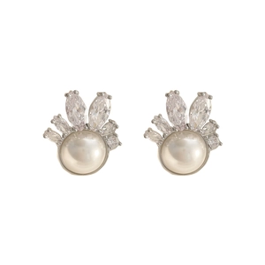 Elegant silver earrings with large half-round pearl and sparkling marquise zirconias