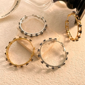 Grandi Orecchini A Cerchio Rame Cavo Placcato Oro 18K Zircone Nero Triangolo Stella Gioielli Per Donna Chic