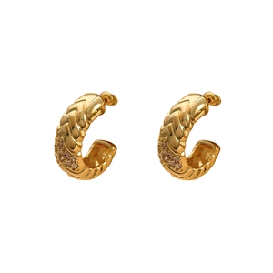 Luxury 18k gold plated C-shaped earrings with chevron texture and micro zircon stones