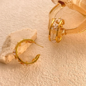 French Luxury Geometric C-Shaped Hoop Earrings Copper With Zircon And Synthetic Opal Fashion Jewelry For Women