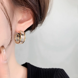 Chic gold-plated geometric hoop earrings with double-sided pavé cubic zirconia for women