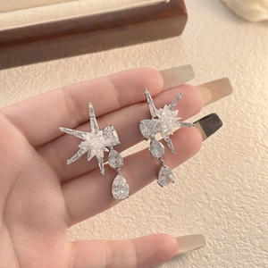 Détail de boucles d'oreilles étoiles argentées avec pierres en zircone et gouttes