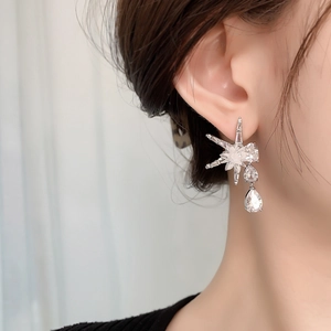 Détail de la boucle d'oreille étoile argentée avec zircon goutte d'eau sur mannequin