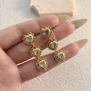 French vintage gold triple heart drop earrings with sparkling zircon stones