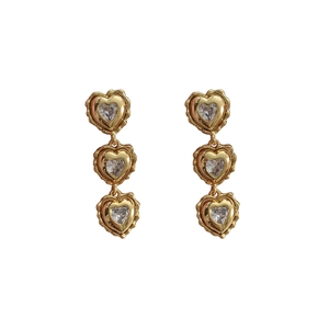 French vintage gold heart dangle earrings with sparkling rhinestones for women