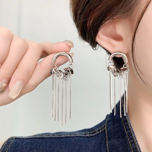 Elegant silver long tassel drop earrings with thin chain fringe and sequins detail