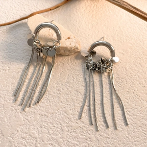 Detail of silver chain tassels and sequins on these horseshoe style earrings
