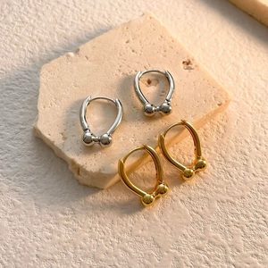 U-Shaped Hoop Earrings For Women Copper With 18K Gold Plated Double Beads Horseshoe Design Minimalist Retro Jewelry