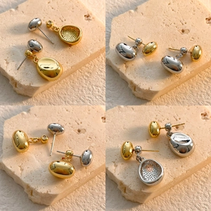 Two Tone Bean Drop Earrings High Polish Copper 18K Real Gold Plated Asymmetrical Pebble Style For Women Fashion Jewelry