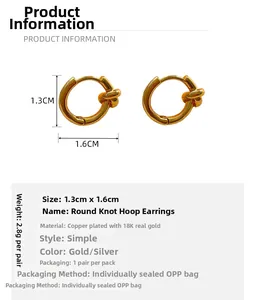 Detail specifications of gold plated knot earrings showing size 1.3cm by 1.6cm dimensions