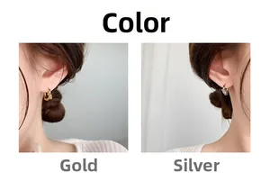 Detail view of stylish knotted geometric mini hoop earrings in gold and silver finishes