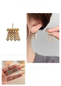 Close-up of 18K gold plated zircon stud earrings featuring multi-angle wearing views