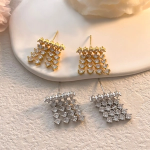 Copper 18K Gold Plated Full Zircon Stud Earrings Geometric Grid Tassel Fringe Anime Princess Style Jewelry For Women