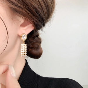 Elegant 18K gold plated drop earrings with clear zircon tassels and floral oval stud