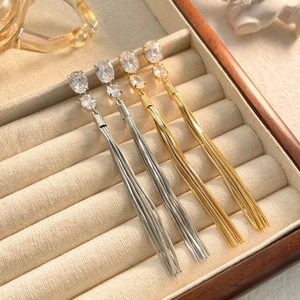 Long Tassel Drop Earrings Copper Zircon Inlaid Elegant Fashion Retro Light Luxury Jewelry For Women