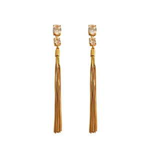 Elegant gold tassel earrings with vertical zircon studs in a vintage luxury style
