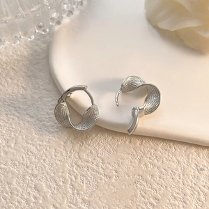 Macro view of silver twisted hoop earrings with fine braided mesh texture detail