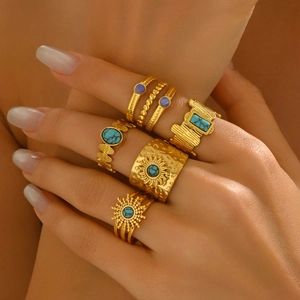 Bohemian Ring Set For Women 18K Gold Plated Stainless Steel Adjustable Open Band Retro Sunburst Turquoise Jewelry