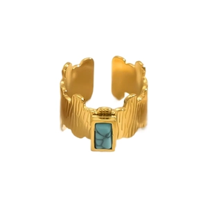 Detail of gold-plated wavy textured ring featuring a rectangular turquoise stone inlay