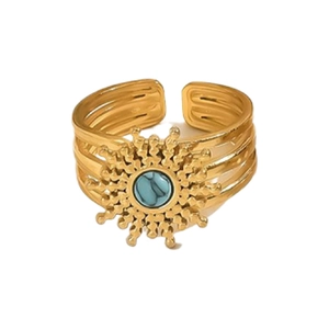 Detail of adjustable gold sunflower ring featuring a synthetic turquoise stone center