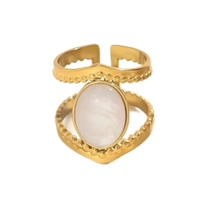 Detailed view of adjustable double-layer gold ring with oval white stone inlay