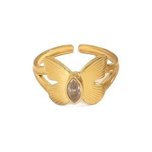Detailed close-up of a gold butterfly ring featuring a marquise-cut marquise-cut zircon