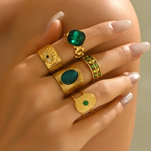 Vintage Rings Stainless Steel 18K Gold Plated Green Synthetic Stone Evil Eye Open Adjustable Bohemian Style For Women
