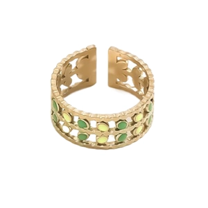 Detail of adjustable gold ring with wavy edges and green yellow enamel dot accents