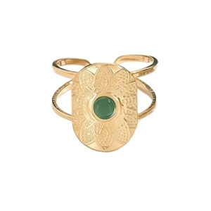 Vintage golden oval ring with green center stone and intricate geometric engraved patterns