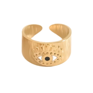 Detail of golden open ring featuring a textured evil eye charm and hammered finish