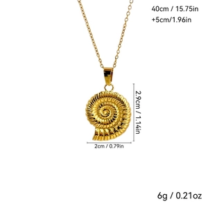 Detailed view of golden ammonite shell pendant with spiral texture and fine metal chain