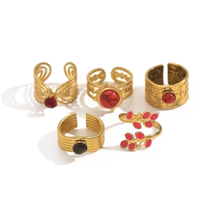18K gold plated stainless steel ring set with zircon and red enamel inlay for women
