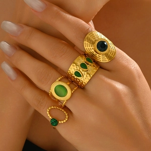 Bagues Ouvertes En Malachite Acier Inoxydable Plaqué Or 18 Carats Style Cour Vintage Bohème Bijoux Ajustables Pour Femmes