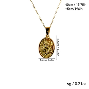 Detailed view of 18k gold plated St. Michael pendant with dimensions and weight specs
