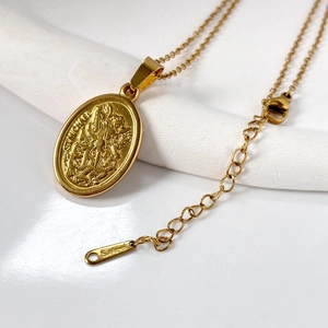 St Michael Medal Pendant Necklace 18K Gold Plated Stainless Steel Religious Relief Oval Coin Protection For Women Men