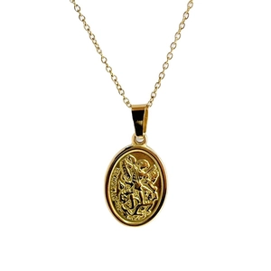 18K gold plated St. Michael embossed oval medallion necklace with classic link chain