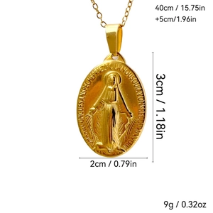 Detailed view of vintage gold Virgin Mary oval relief pendant with classic religious engraving