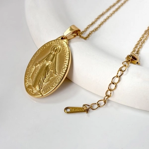 Miraculous Medal Pendant Necklace 18K Gold Plated Stainless Steel Virgin Mary Religious Retro Oval Jewelry For Women