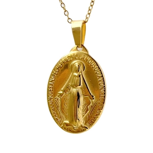 Retro Roman coin necklace with gold Virgin Mary relief pendant on stainless steel chain