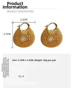 Detail of gold-plated hollow purse earrings showing 3.7x3.2cm size and 20g weight