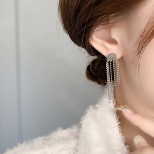 Close-up of elegant silver multi-strand tassel earrings on a model's ear
