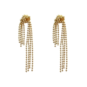 Gold long tassel drop earrings with beaded chain design and high-shine metallic finish