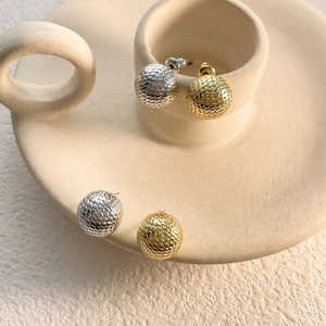 Sphere Ball Stud Earrings Copper 18K Gold Plated Mesh Snake Scale Texture Minimalist Fashion Jewelry For Women