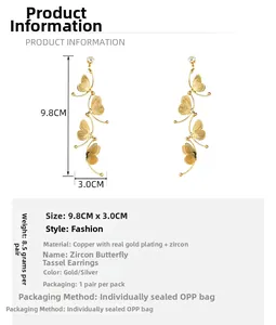 Size chart for butterfly tassel earrings showing 9.8cm length and zircon details