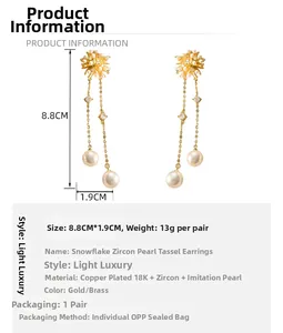 Detailed size specifications for snowflake long dangle pearl earrings with measurements