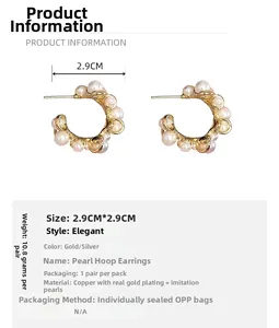 Technical detail of gold-plated brass hoop earrings with pearls and 2.9cm dimensions