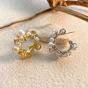 Hoop Earrings With Faux Artificial Pearl Brass French Vintage For Women With 925 Sterling Silver Earring Post