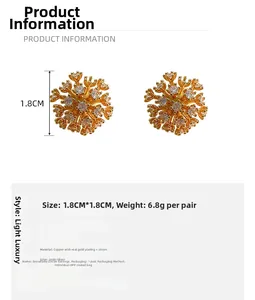 Detailed size specifications for snowflake stud earrings with gold plating and zircon