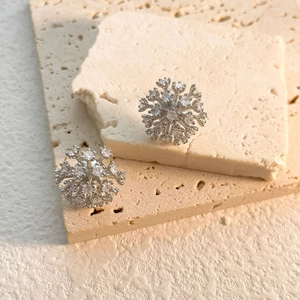 Macro view of silver snowflake stud earrings featuring sparkling cubic zirconia on stone