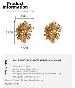 Detailed size specifications for flower pearl stud earrings with zircon inlay